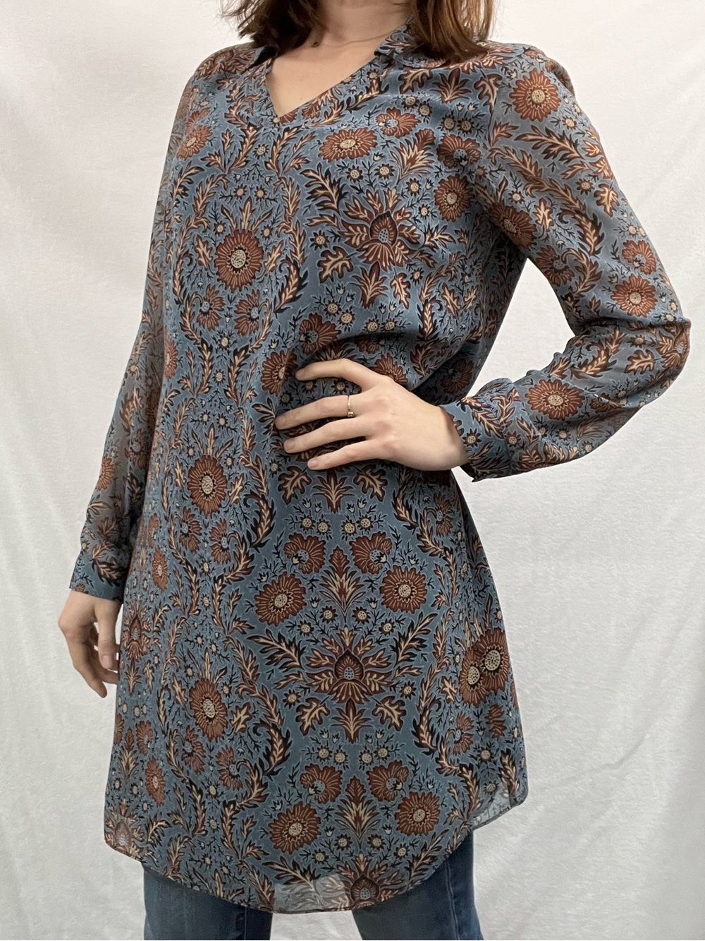 CAbi Blue and Brown Floral V-Neck Long-Sleeve Tunic